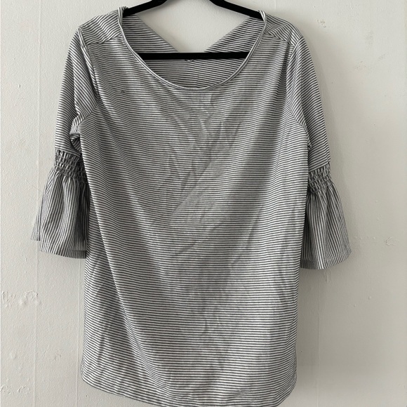 Navy Blue and White Striped Bell Sleeve Tie Back Top - Picture 1 of 4